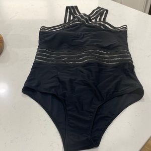 TIKI BAR GETAWAY BLACK MESH CROSS FRONT SWIMSUIT